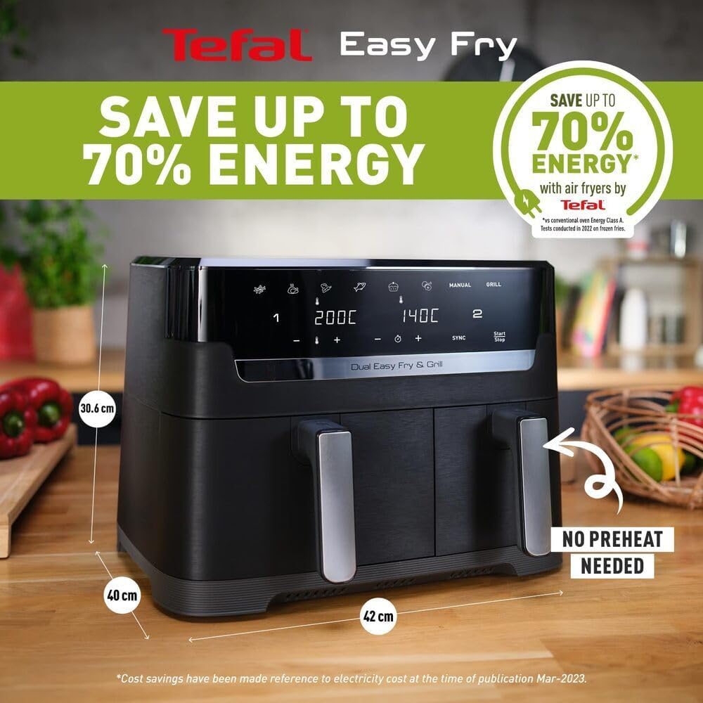 Tefal Easy Fry Dual Zone Digital Air Fryer, 2 Drawers, 8.3L, 8in1, Air Fry, Extra Crisp, Roast, Bake, Reheat, Dehydrate, 6 Portions, Non-Stick, Dishwasher Safe Baskets, Black & Metal EY901840