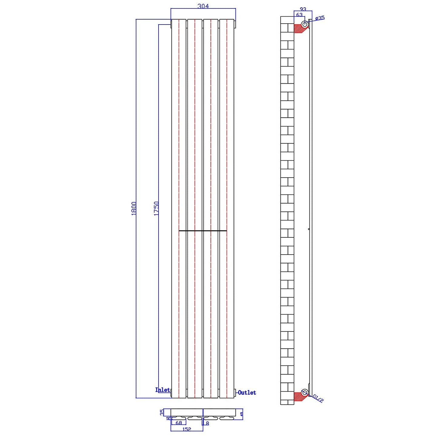 ELEGANT 1600 x 300 mm Vertical Designer Radiator Anthracite Double Flat Panel Column Tall Upright Central Heating Radiators