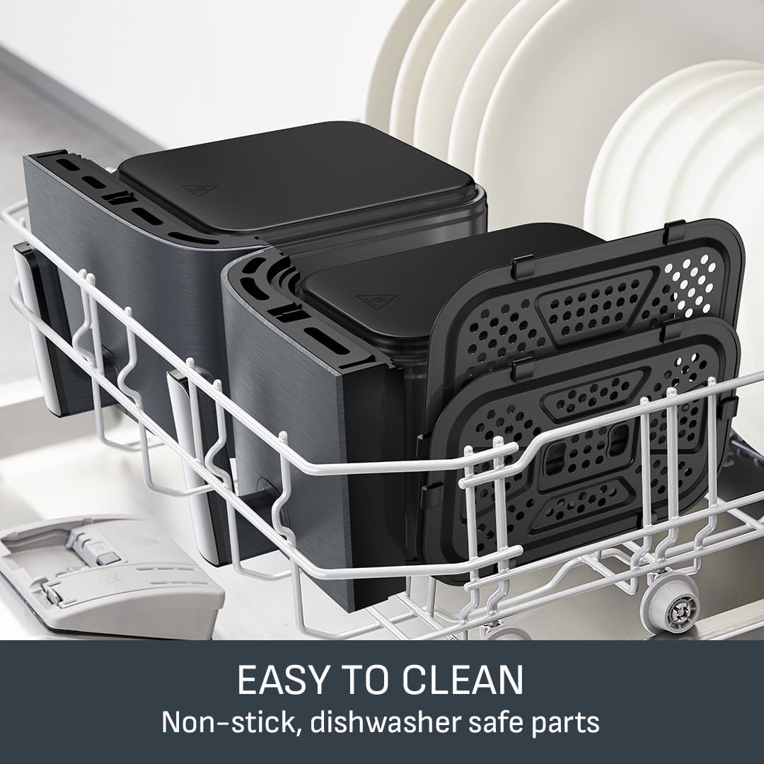 Tefal Easy Fry Dual Zone Digital Air Fryer, 2 Drawers, 8.3L, 8in1, Air Fry, Extra Crisp, Roast, Bake, Reheat, Dehydrate, 6 Portions, Non-Stick, Dishwasher Safe Baskets, Black & Metal EY901840