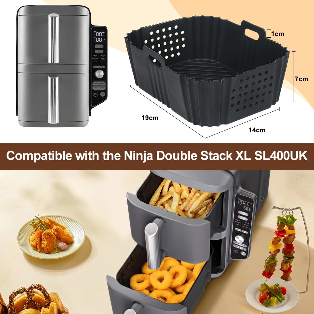 BYKITCHEN Air Fryer Silicone Liner for Ninja Double Stack XL 9.5L SL400UK, Perforated Air Fryer Liners Reusable, Airfryer Accessories for Ninja Double Stack Vertical Dual Drawer Airfryer (2 PCS)