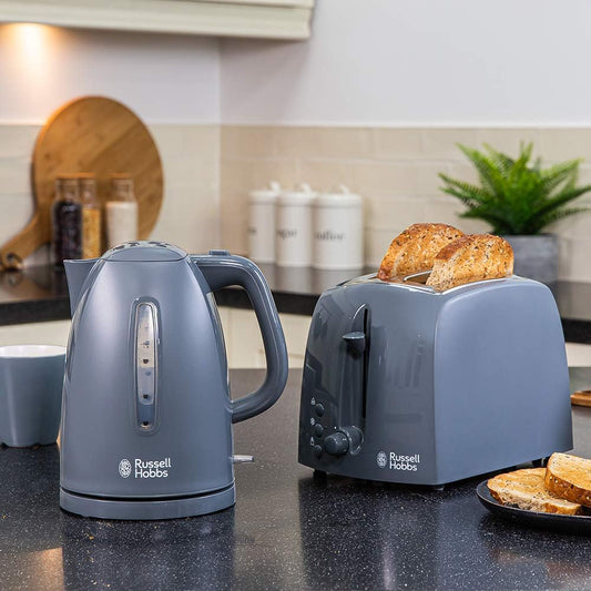 Russell Hobbs 21274 Textures Kettle, Plastic, 3000 W, 1.7 Litres, Grey with Hobbs 21644 Textures Toaster, Plastic, 850 W, Grey