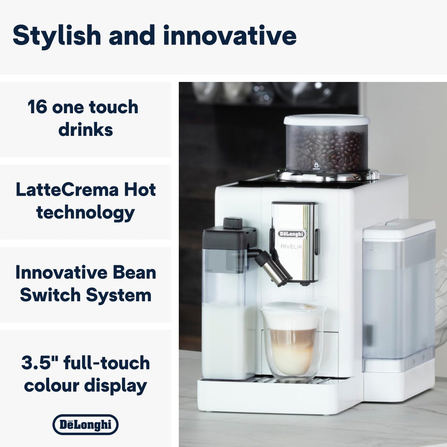 Delonghi Rivelia EXAM440.55.G, Fully Automatic Coffee Machine with LatteCrema Hot, Automatic Milk Frother, Compact Size Bean to Cup Coffee Machine, 16 Recipes, Full Touch Colored Display, Pebble Grey