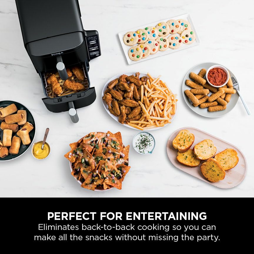 Ninja Double Stack XL Air Fryer, Vertical Dual Drawer Air Fryer with 4 cooking levels, 2 Drawers & 2 Racks, Space Saving Design, 9.5L Capacity, 6 Functions, 8 Portions, Tongs, Black/Copper SL400UKCP