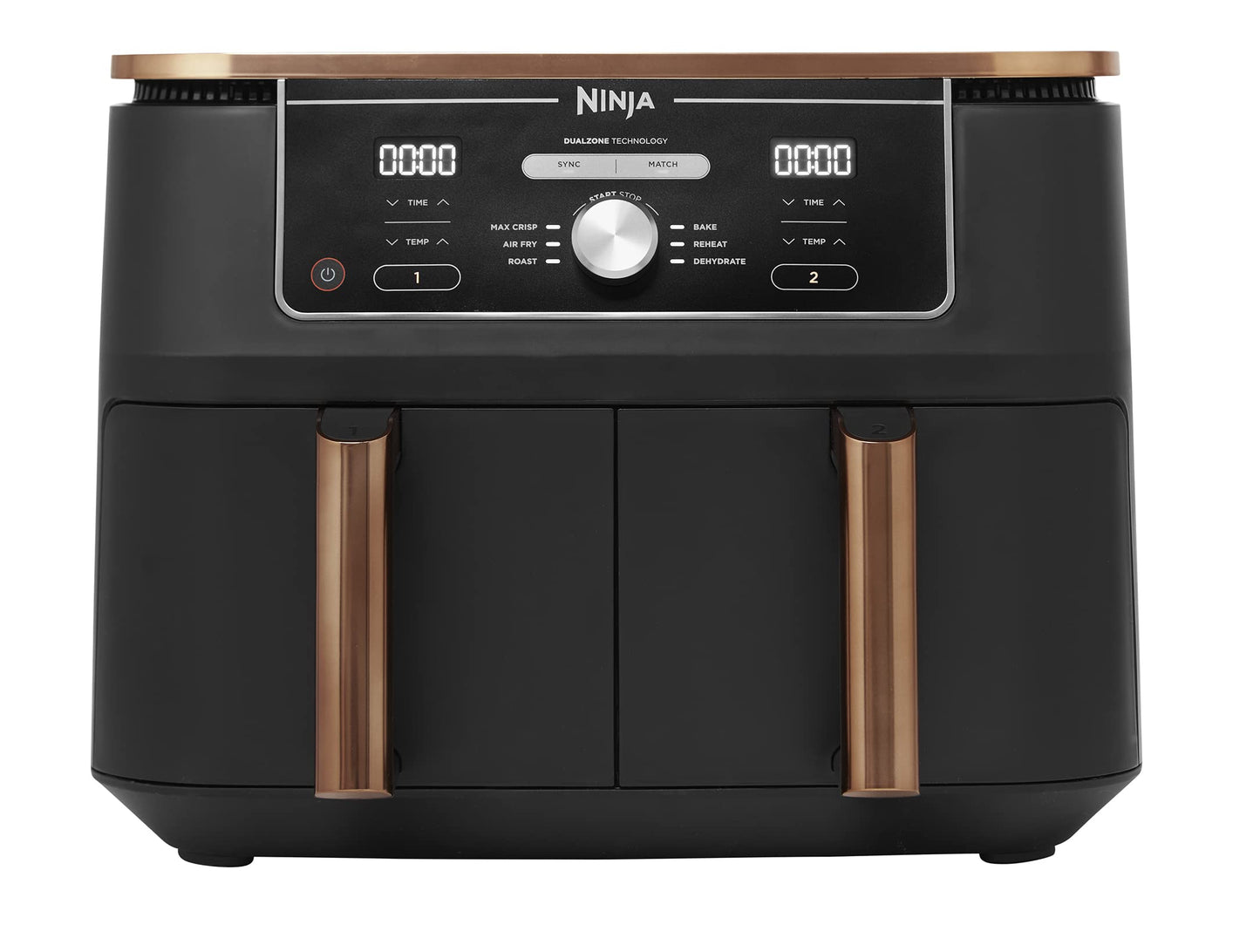 Ninja Double Stack XL Air Fryer, Vertical Dual Drawer Air Fryer with 4 cooking levels, 2 Drawers & 2 Racks, Space Saving Design, 9.5L Capacity, 6 Functions, 8 Portions, Tongs, Black/Copper SL400UKCP