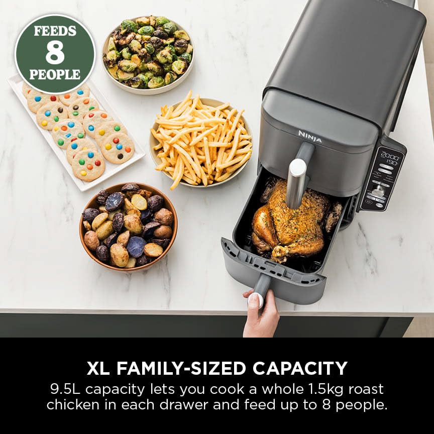 Ninja Double Stack XL Air Fryer, Vertical Dual Drawer Air Fryer with 4 cooking levels, 2 Drawers & 2 Racks, Space Saving Design, 9.5L Capacity, 6 Functions, 8 Portions, Tongs, Black/Copper SL400UKCP