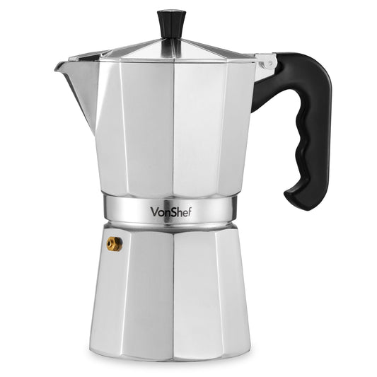 VonShef Stovetop Coffee Maker, 6 Cup Aluminium Italian Espresso Maker, 300ml Gas & Electric Stove Top Moka Pot with Replacement Gasket & Filter