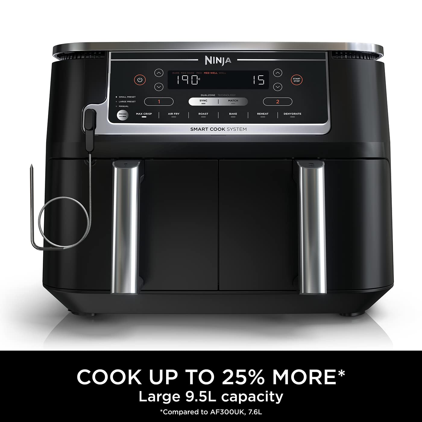 Ninja Foodi MAX Dual Zone Digital Air Fryer, 2 Drawers, 9.5L, 6-in-1, Uses No Oil, Max Crisp, Roast, Bake, Reheat, Dehydrate, Cook 8 Portions, Non-Stick Dishwasher Safe Baskets, Black AF400UK