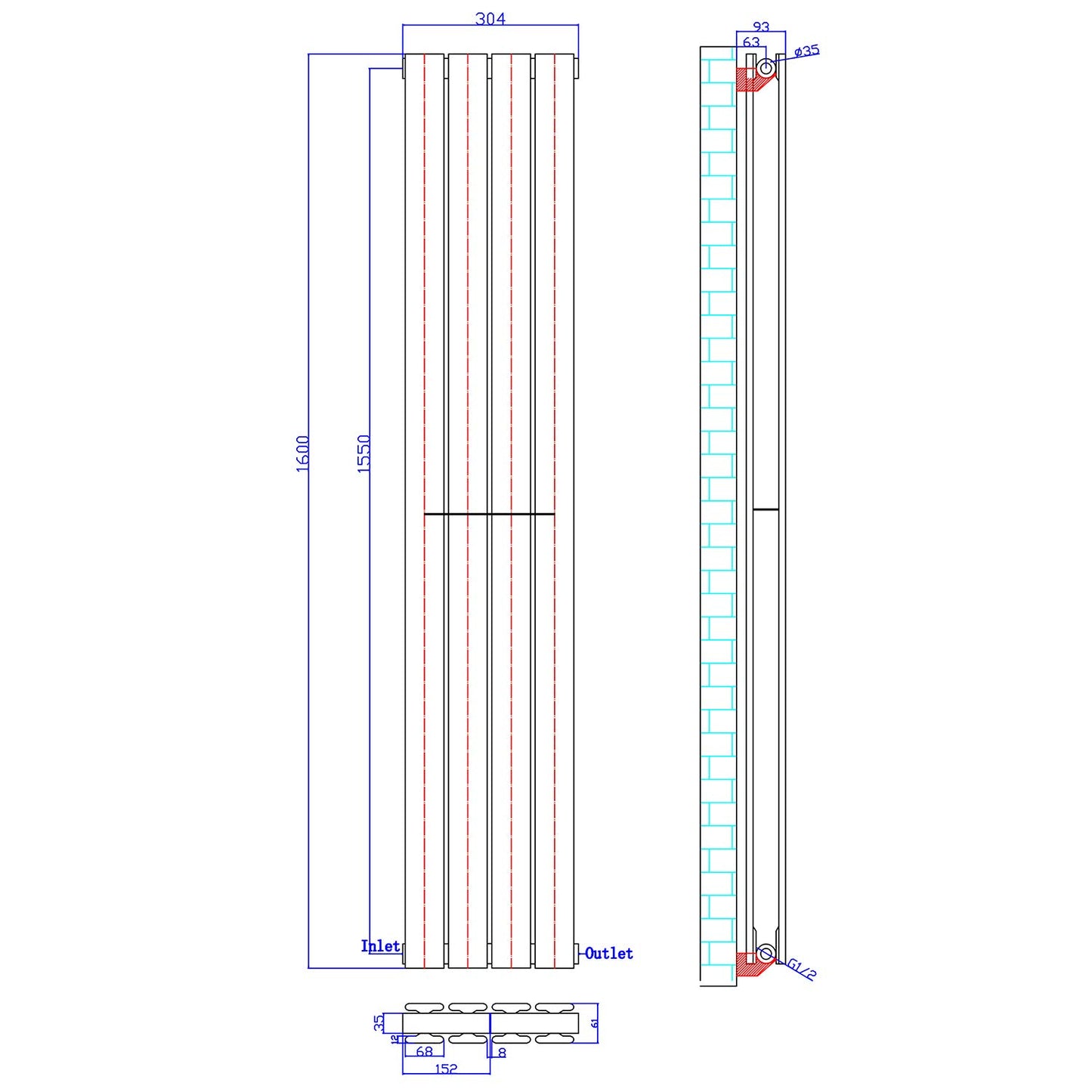 ELEGANT 1600 x 300 mm Vertical Designer Radiator Anthracite Double Flat Panel Column Tall Upright Central Heating Radiators