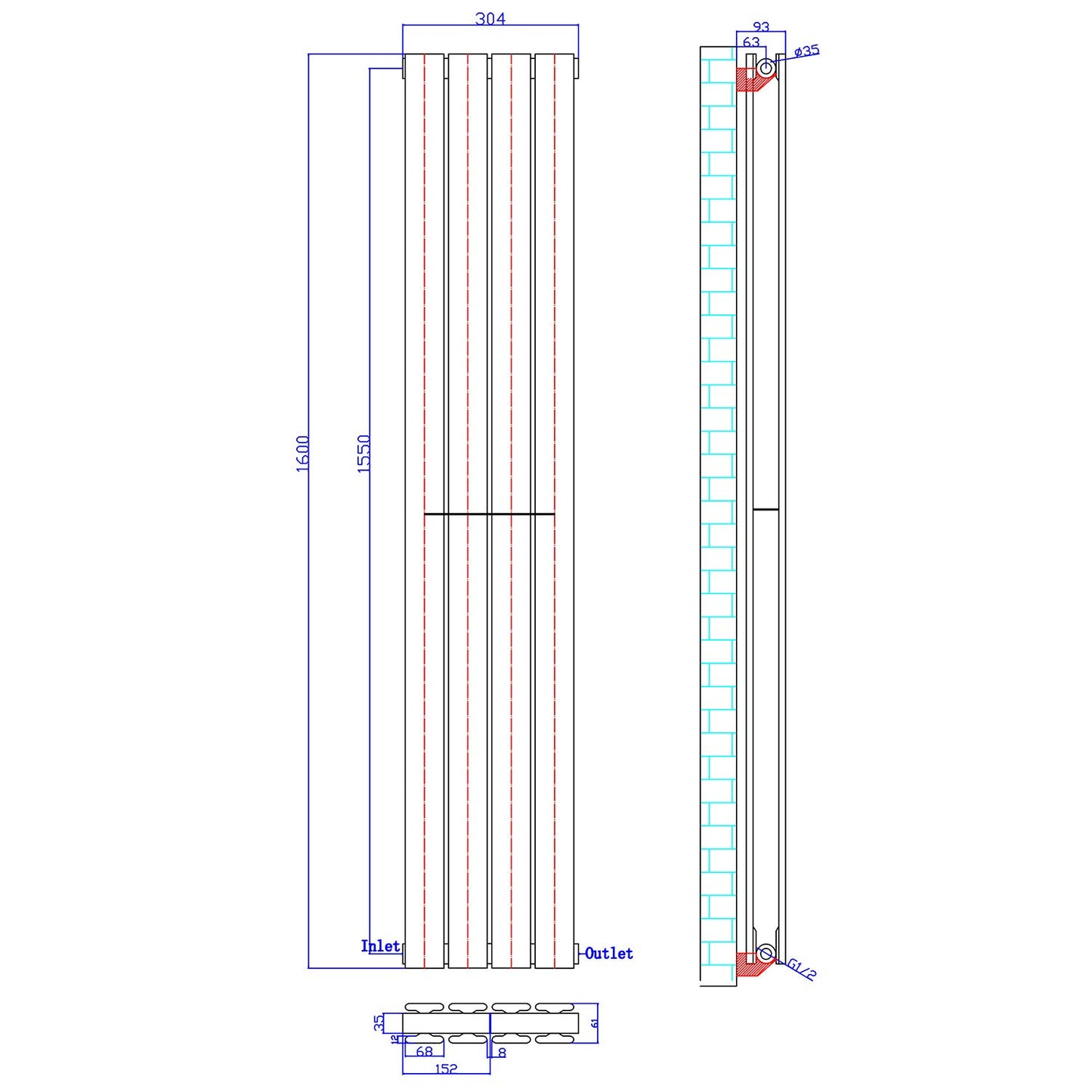 ELEGANT Radiators Vertical White Tall Single Bathroom Kitchen Designer Radiator Flat Panel 1800 x 452 mm