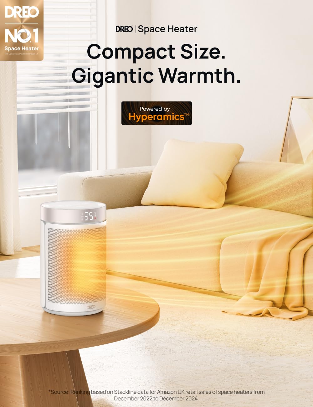 Dreo Electric Heater, 1500W Energy Efficient Space Room Heater, Upgrade Remote Portable Ceramic Fan Heaters, Thermostat, 3 Modes 12H Timer, Overheat & Tip Over Protection, for Bedroom, Atom 316, Gold