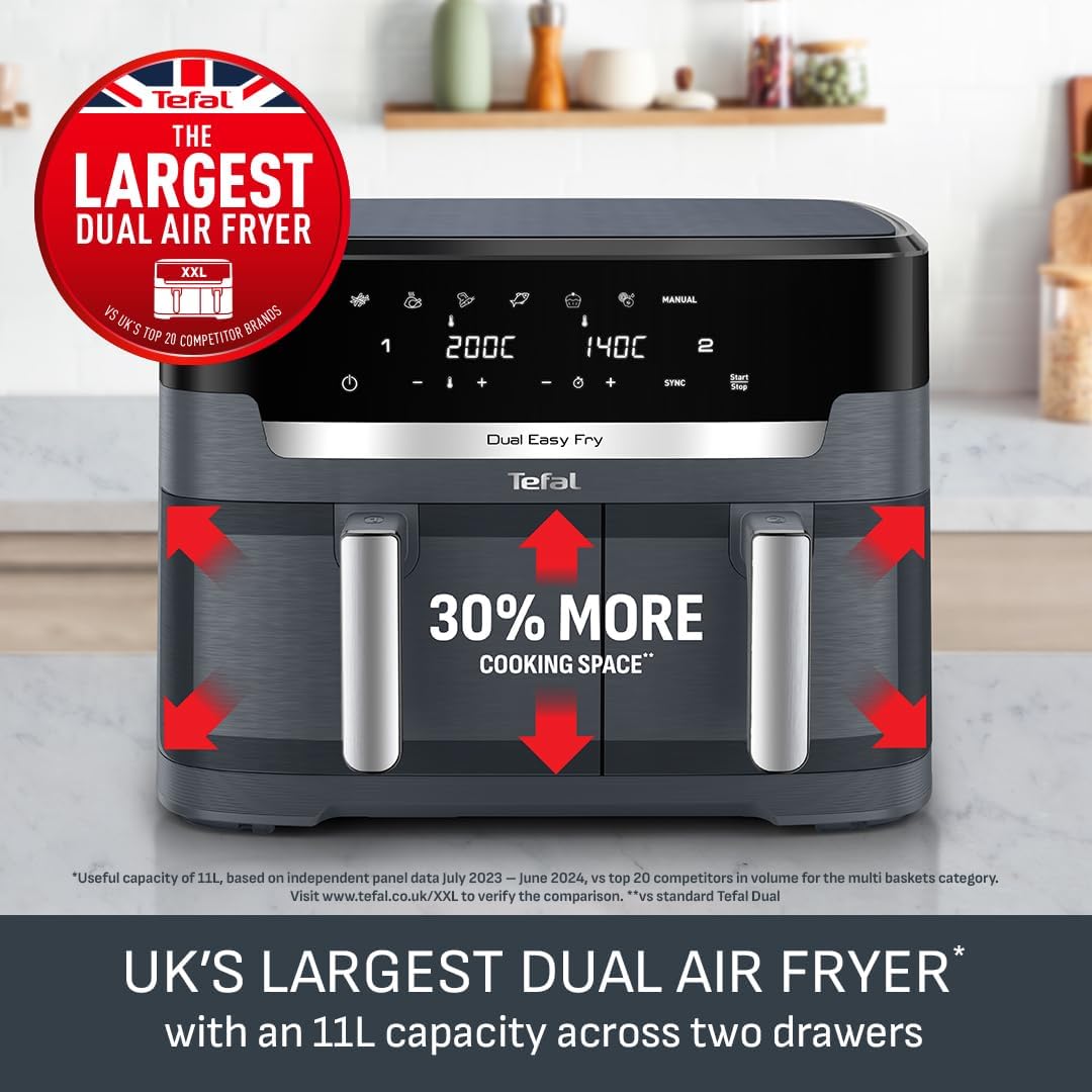 Tefal Easy Fry Dual Zone Digital Air Fryer, 2 Drawers, 8.3L, 8in1, Air Fry, Extra Crisp, Roast, Bake, Reheat, Dehydrate, 6 Portions, Non-Stick, Dishwasher Safe Baskets, Black & Metal EY901840
