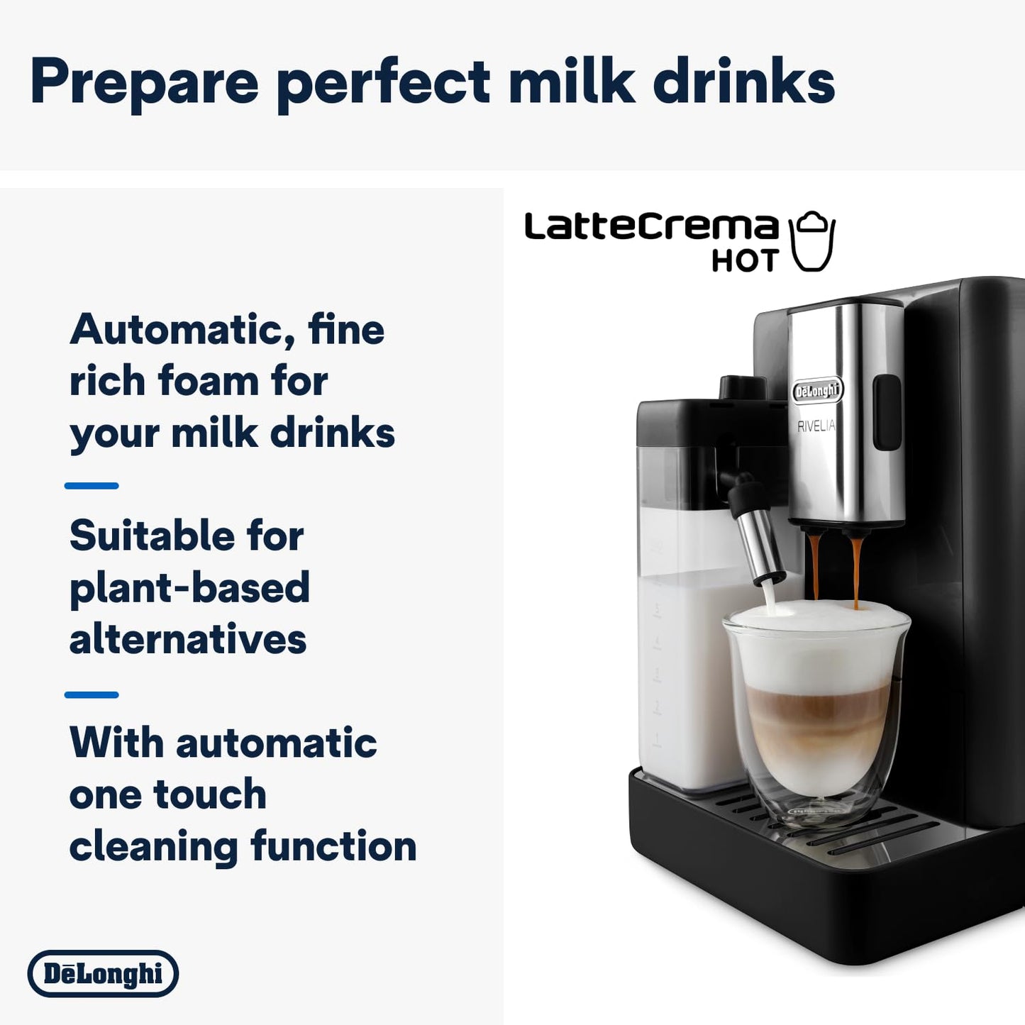 Delonghi Rivelia EXAM440.55.G, Fully Automatic Coffee Machine with LatteCrema Hot, Automatic Milk Frother, Compact Size Bean to Cup Coffee Machine, 16 Recipes, Full Touch Colored Display, Pebble Grey