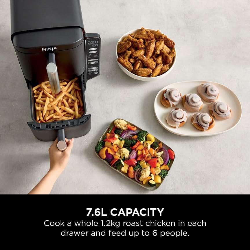 Ninja Double Stack XL Air Fryer, Vertical Dual Drawer Air Fryer with 4 cooking levels, 2 Drawers & 2 Racks, Space Saving Design, 9.5L Capacity, 6 Functions, 8 Portions, Tongs, Black/Copper SL400UKCP