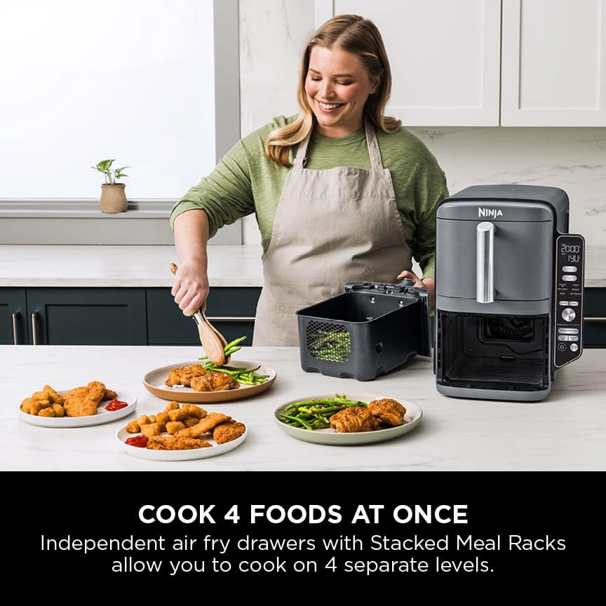 Ninja Double Stack XL Air Fryer, Vertical Dual Drawer AirFryer with 4 cooking levels, 2 Drawers and 2 Racks, Space Saving Design, 9.5L Capacity, 6 Cooking Functions, 8 Portions, Grey SL400UK