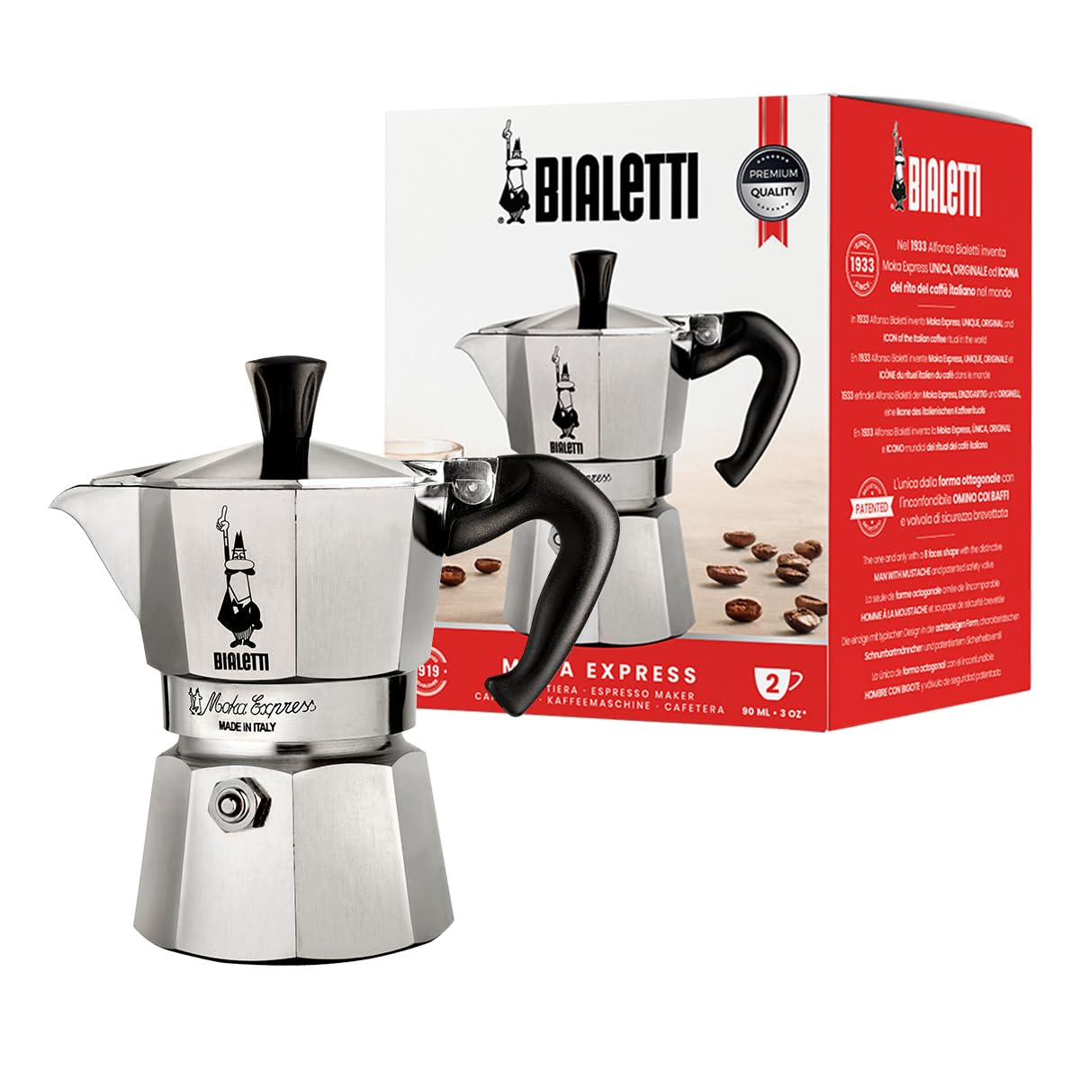 Bialetti Moka Express Aluminium Stovetop Coffee Maker, Silver, 1 Cup