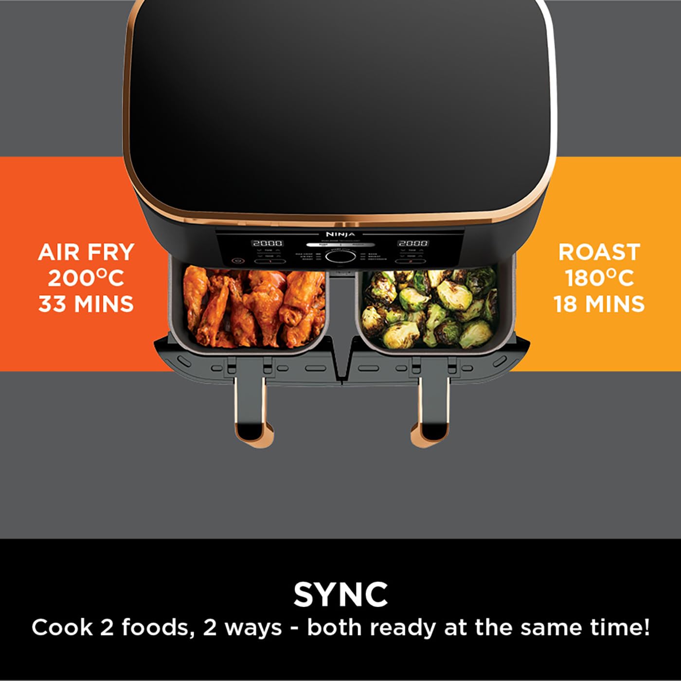 Ninja Double Stack XL Air Fryer, Vertical Dual Drawer Air Fryer with 4 cooking levels, 2 Drawers & 2 Racks, Space Saving Design, 9.5L Capacity, 6 Functions, 8 Portions, Tongs, Black/Copper SL400UKCP