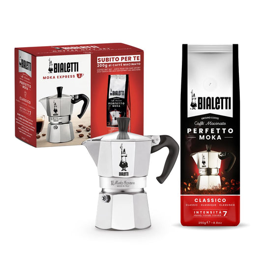 Bialetti Moka Express Espresso Maker for 6 Cups plus 250 g Perfect Moka Non-Induction 6 Cups (250 ml) Aluminium
