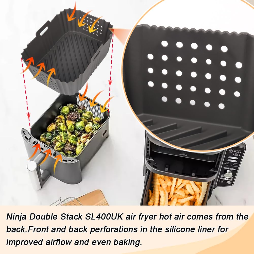 BYKITCHEN Air Fryer Silicone Liner for Ninja Double Stack XL 9.5L SL400UK, Perforated Air Fryer Liners Reusable, Airfryer Accessories for Ninja Double Stack Vertical Dual Drawer Airfryer (2 PCS)