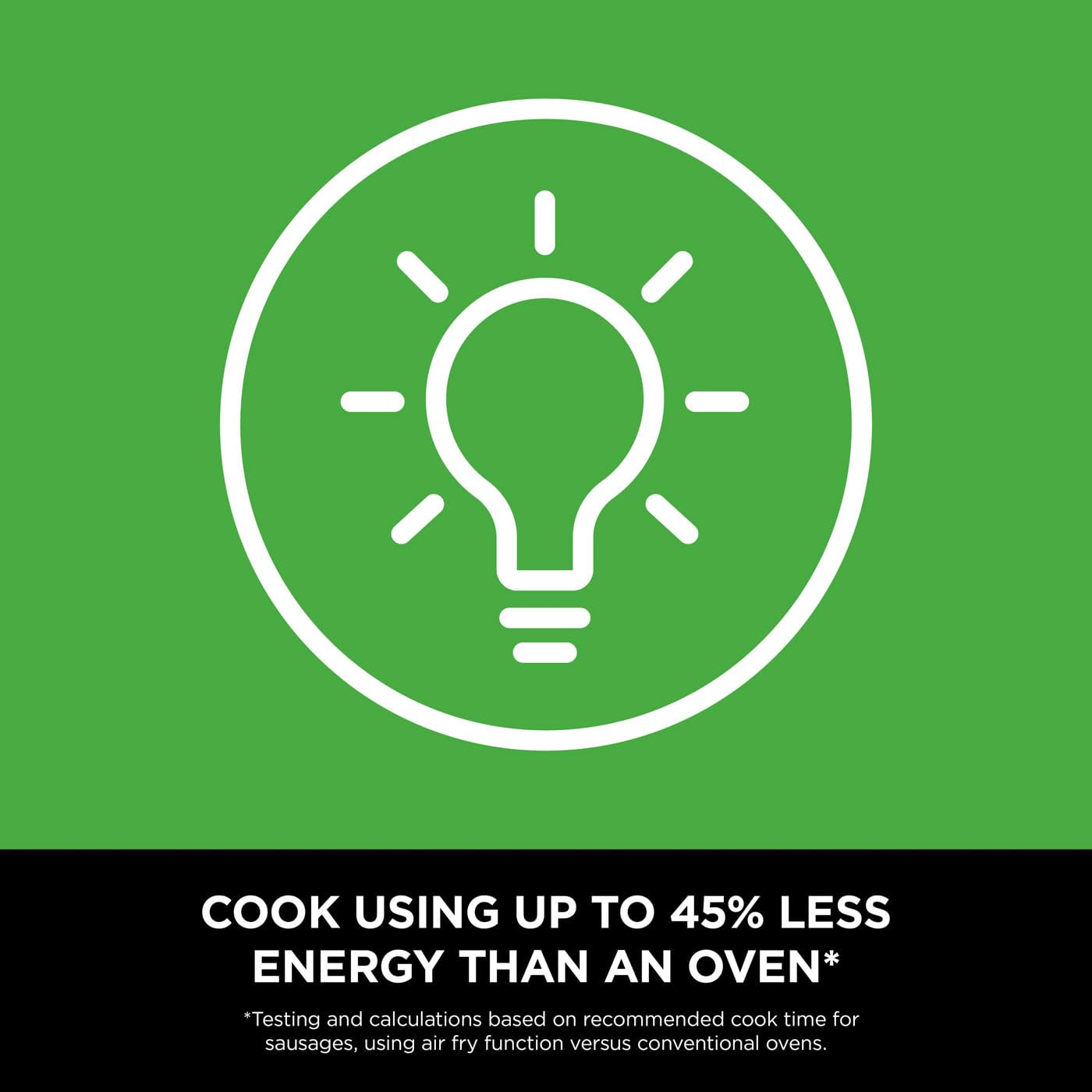 Light bulb icon on a green background with text about energy savings.