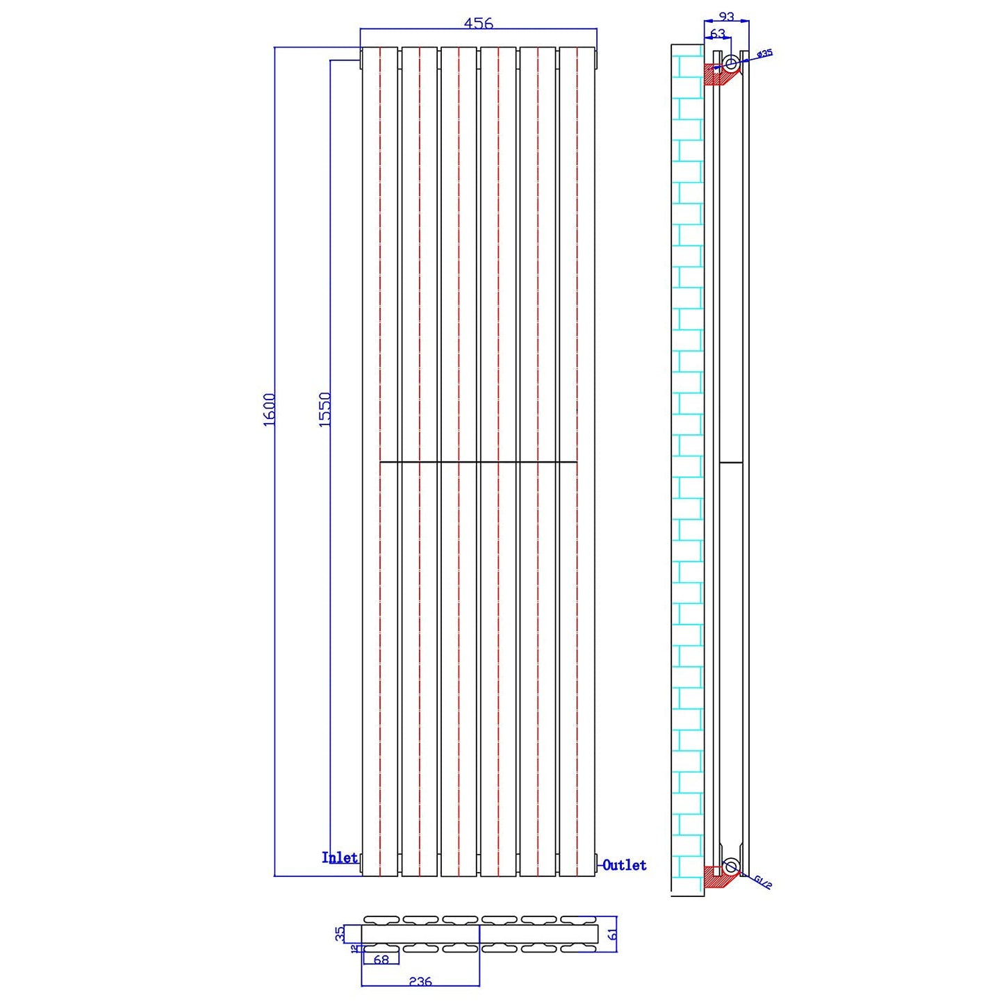 ELEGANT Radiators Vertical White Tall Single Bathroom Kitchen Designer Radiator Flat Panel 1800 x 452 mm