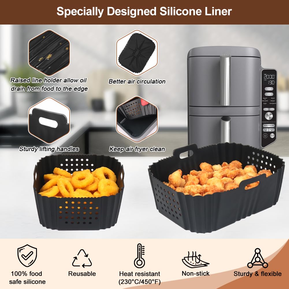 BYKITCHEN Air Fryer Silicone Liner for Ninja Double Stack XL 9.5L SL400UK, Perforated Air Fryer Liners Reusable, Airfryer Accessories for Ninja Double Stack Vertical Dual Drawer Airfryer (2 PCS)