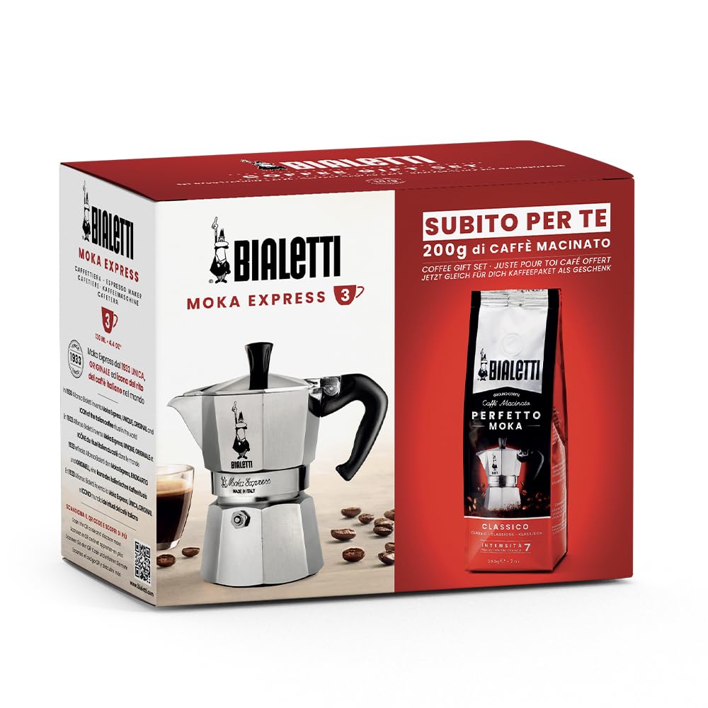 Bialetti Moka Express Espresso Maker for 6 Cups plus 250 g Perfect Moka Non-Induction 6 Cups (250 ml) Aluminium