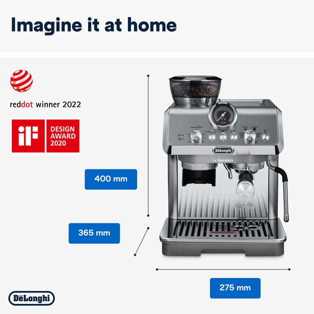 De'Longhi La Specialista Metal Barista Pump Espresso Machine, Bean to Cup Coffee and Cappuccino Maker, EC9155.MB, 1450W, Silver