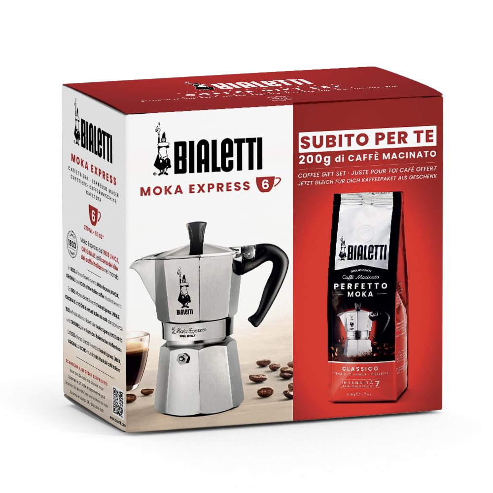Bialetti Moka Express Espresso Maker for 6 Cups plus 250 g Perfect Moka Non-Induction 6 Cups (250 ml) Aluminium