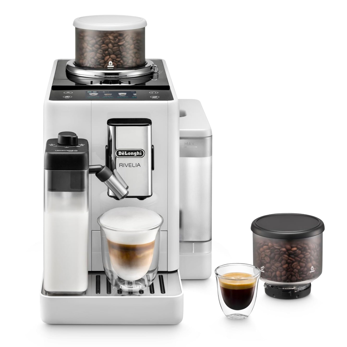 Delonghi Rivelia EXAM440.55.G, Fully Automatic Coffee Machine with LatteCrema Hot, Automatic Milk Frother, Compact Size Bean to Cup Coffee Machine, 16 Recipes, Full Touch Colored Display, Pebble Grey