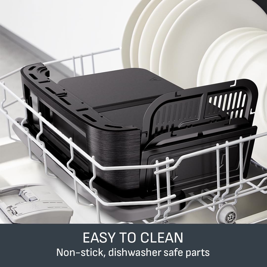 Tefal Easy Fry Dual Zone Digital Air Fryer, 2 Drawers, 8.3L, 8in1, Air Fry, Extra Crisp, Roast, Bake, Reheat, Dehydrate, 6 Portions, Non-Stick, Dishwasher Safe Baskets, Black & Metal EY901840