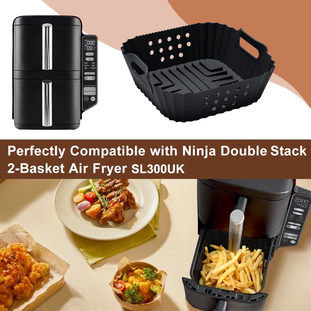 BYKITCHEN Air Fryer Silicone Liner for Ninja Double Stack 7.6L SL300UK, Perforated Air Fryer Liners Reusable, Air Fryer Accessories for Ninja Double Stack Dual Drawer Airfryer (2 PCS)