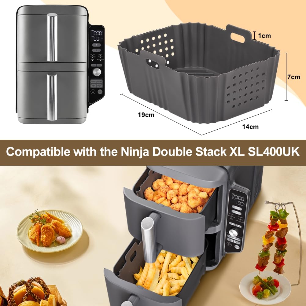 BYKITCHEN Air Fryer Silicone Liner for Ninja Double Stack XL 9.5L SL400UK, Perforated Air Fryer Liners Reusable, Airfryer Accessories for Ninja Double Stack Vertical Dual Drawer Airfryer (2 PCS)
