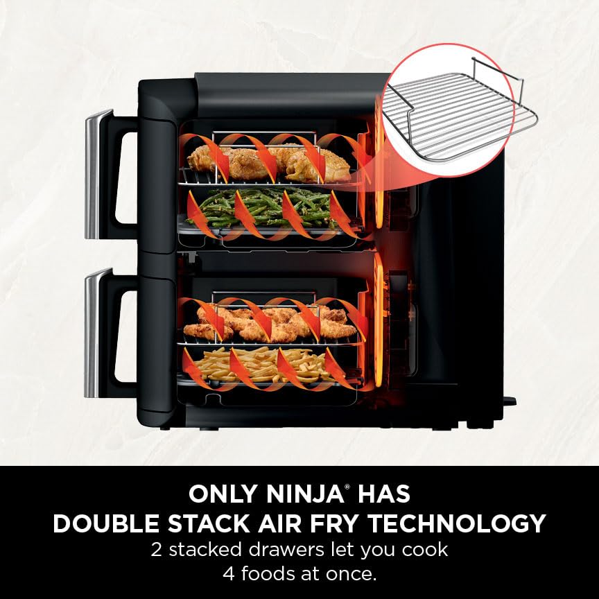 Ninja Double Stack XL Air Fryer, Vertical Dual Drawer Air Fryer with 4 cooking levels, 2 Drawers & 2 Racks, Space Saving Design, 9.5L Capacity, 6 Functions, 8 Portions, Tongs, Black/Copper SL400UKCP