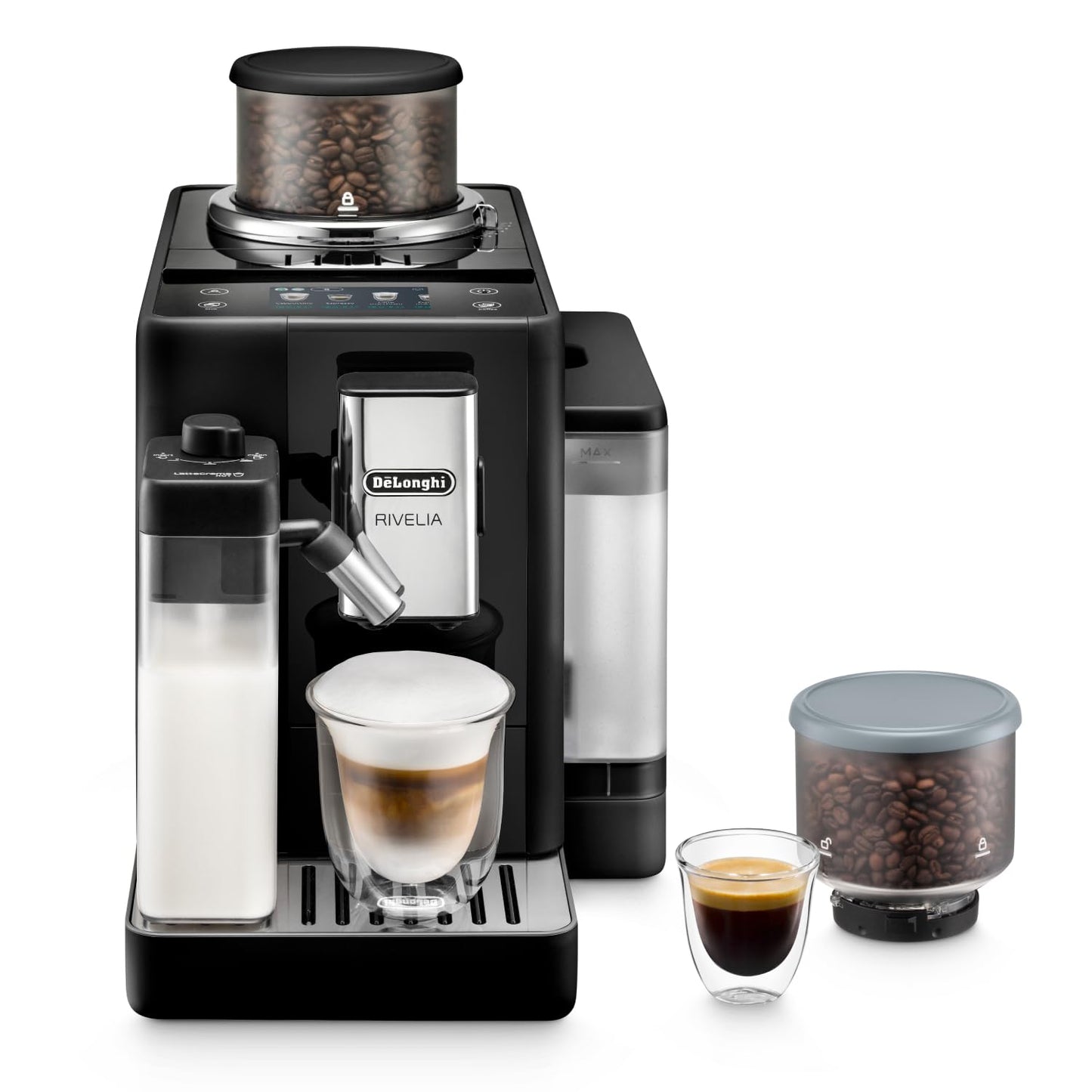 Delonghi Rivelia EXAM440.55.G, Fully Automatic Coffee Machine with LatteCrema Hot, Automatic Milk Frother, Compact Size Bean to Cup Coffee Machine, 16 Recipes, Full Touch Colored Display, Pebble Grey