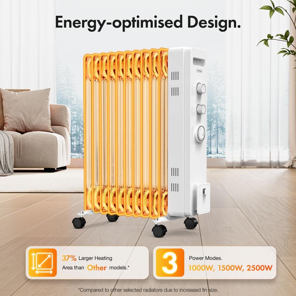 VonHaus Oil Filled Radiator 11 Fin, Heater Portable Electric Free Standing 2500W for Home, Office, Any Room – 24 hour Timer, Adjustable Thermostat, 3 Heat Settings, 4x Wheels, 1.5m Power Cable