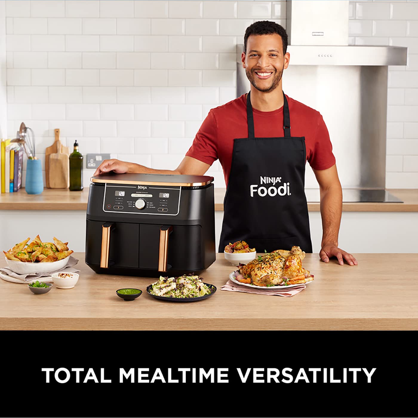 Ninja Double Stack XL Air Fryer, Vertical Dual Drawer Air Fryer with 4 cooking levels, 2 Drawers & 2 Racks, Space Saving Design, 9.5L Capacity, 6 Functions, 8 Portions, Tongs, Black/Copper SL400UKCP