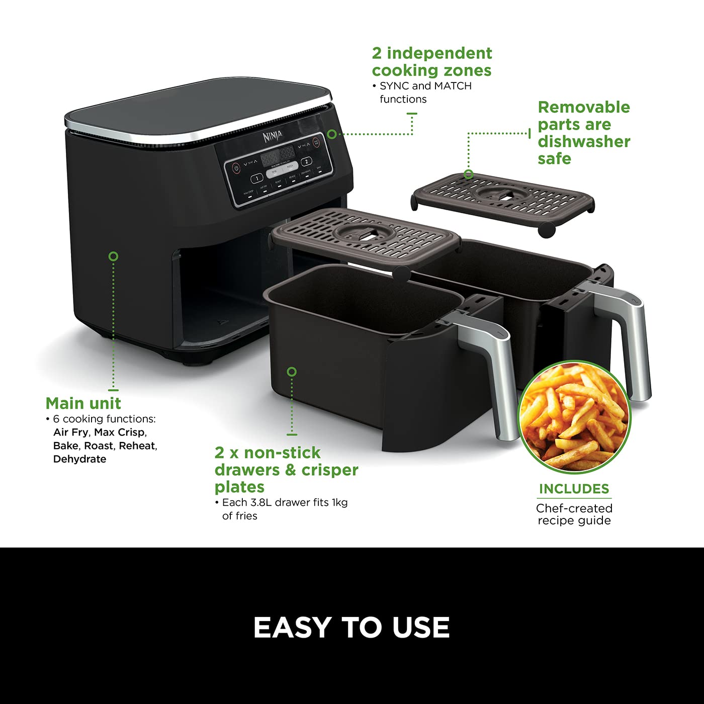 Ninja Foodi MAX Dual Zone Air Fryer, Amazon Exclusive, Tongs, 2 Drawers, 9.5L, 6-in-1, Use No Oil, Air Fry, Max Crisp, Roast, Bake, 8 Portions, Nonstick Dishwasher Safe Baskets, Copper/Black AF400UKCP