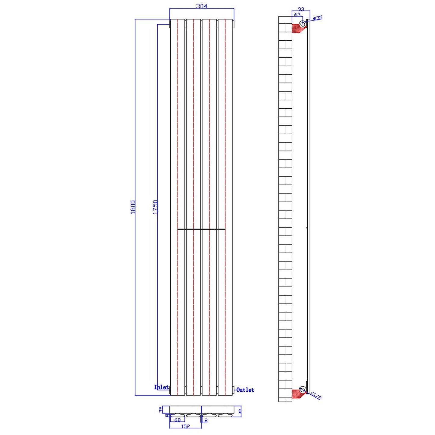 ELEGANT Radiators Vertical White Tall Single Bathroom Kitchen Designer Radiator Flat Panel 1800 x 452 mm