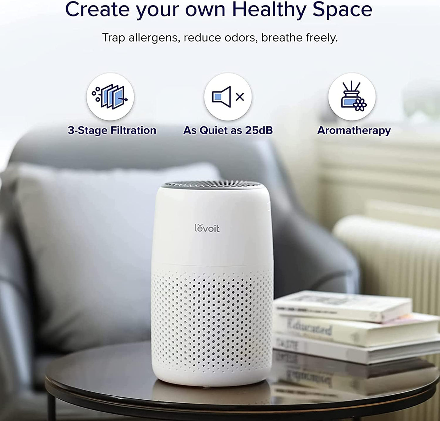 LEVOIT Air Purifier for Bedroom Home, Quiet HEPA Filter Cleaner with Fragrance Sponge & 3 Speed for Better Sleep, Air Frenshener, Allergies, Dust, Pet Dander, Odour, Smoke, Office, Desktop, Core Mini