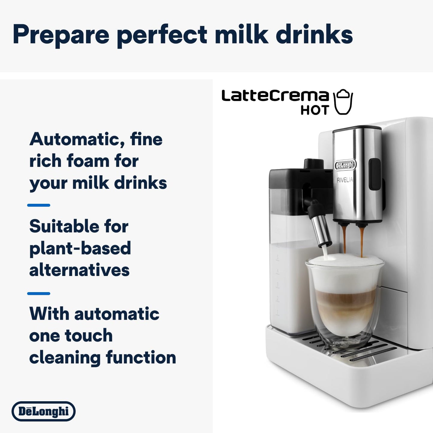 Delonghi Rivelia EXAM440.55.G, Fully Automatic Coffee Machine with LatteCrema Hot, Automatic Milk Frother, Compact Size Bean to Cup Coffee Machine, 16 Recipes, Full Touch Colored Display, Pebble Grey