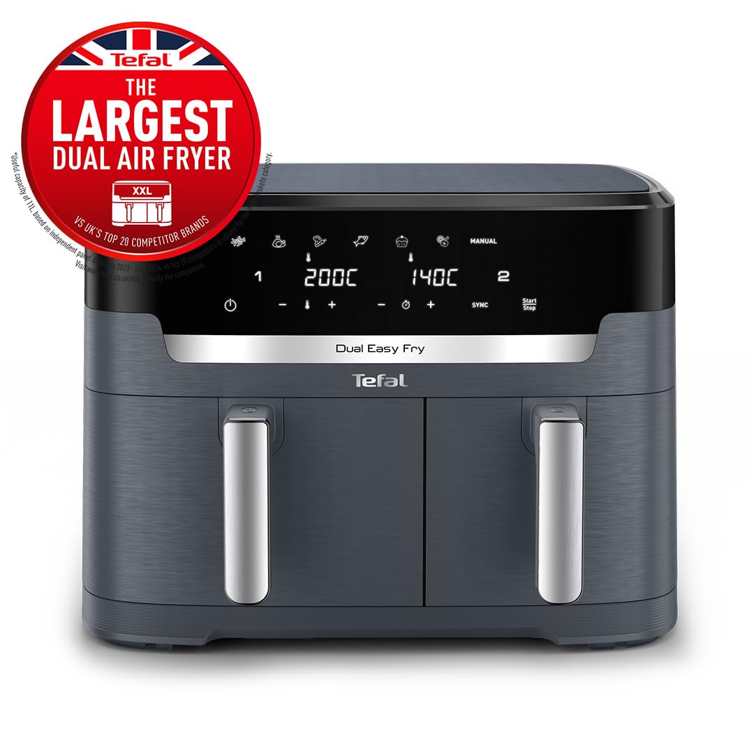 Tefal XXL Dual Easy Fry 11L Air Fryer, Dual Drawer, No Oil, Extra Crisp, Roast, Bake, Reheat, Dehydrate, 7 Pre-set Programs, Dishwasher Safe, 8+ Portions, Java-Grey, EY942BG0