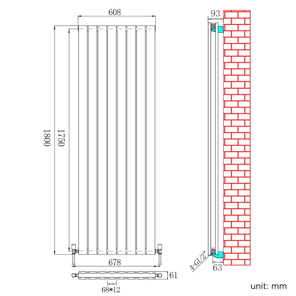 ELEGANT 1600 x 300 mm Vertical Designer Radiator Anthracite Double Flat Panel Column Tall Upright Central Heating Radiators