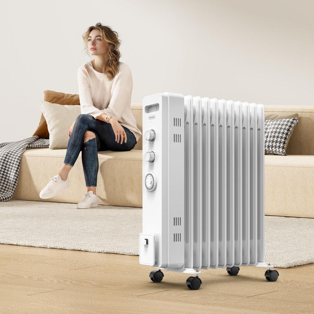 VonHaus Oil Filled Radiator 11 Fin, Heater Portable Electric Free Standing 2500W for Home, Office, Any Room – 24 hour Timer, Adjustable Thermostat, 3 Heat Settings, 4x Wheels, 1.5m Power Cable