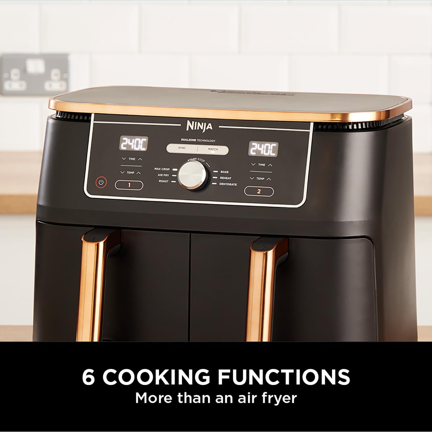 Ninja Double Stack XL Air Fryer, Vertical Dual Drawer Air Fryer with 4 cooking levels, 2 Drawers & 2 Racks, Space Saving Design, 9.5L Capacity, 6 Functions, 8 Portions, Tongs, Black/Copper SL400UKCP