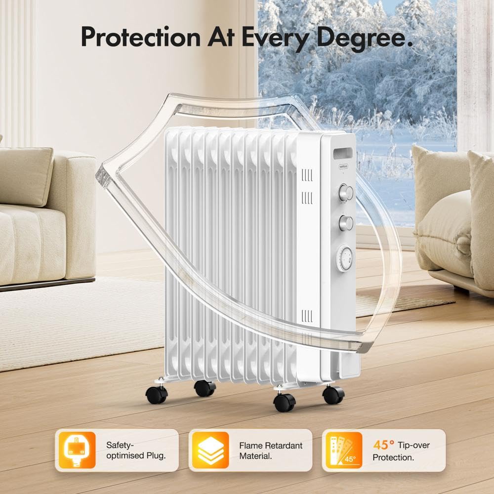 VonHaus Oil Filled Radiator 11 Fin, Heater Portable Electric Free Standing 2500W for Home, Office, Any Room – 24 hour Timer, Adjustable Thermostat, 3 Heat Settings, 4x Wheels, 1.5m Power Cable