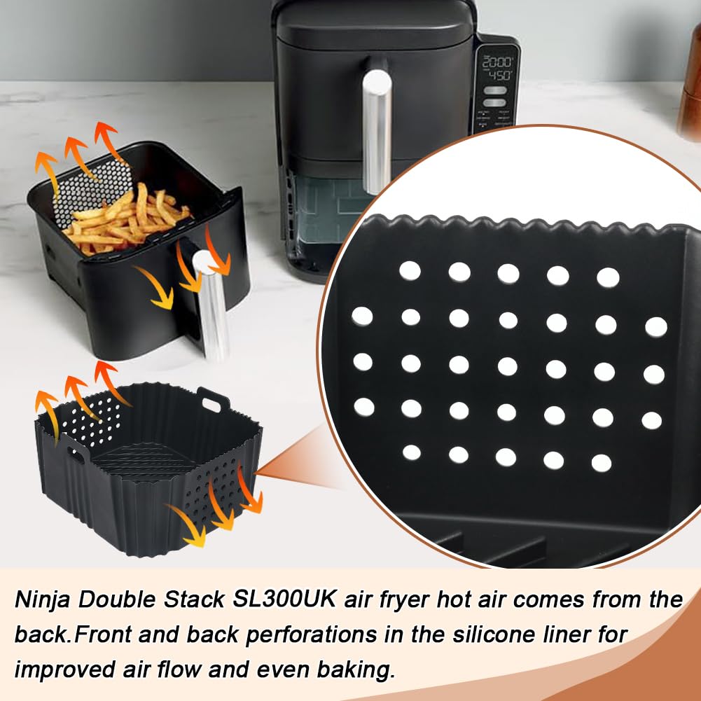 BYKITCHEN Silicone Air Fryer Liner for Ninja Double Stack Air Fryer XL SL400UK, Perforated 2PCS Air Fryer Liners, Air Fryer Accessories for Ninja Double Stack 9.5L Vertical Dual Drawer Air Fryer