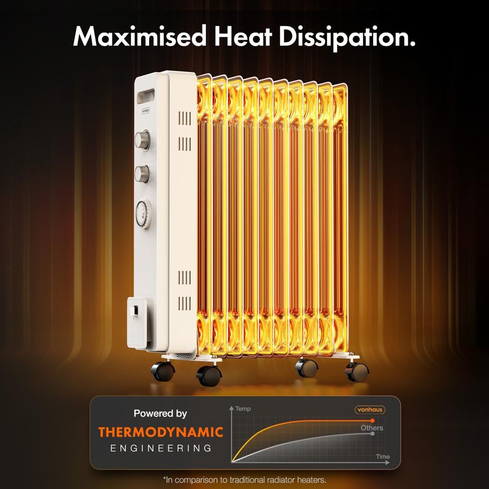 VonHaus Oil Filled Radiator 11 Fin, Heater Portable Electric Free Standing 2500W for Home, Office, Any Room – 24 hour Timer, Adjustable Thermostat, 3 Heat Settings, 4x Wheels, 1.5m Power Cable