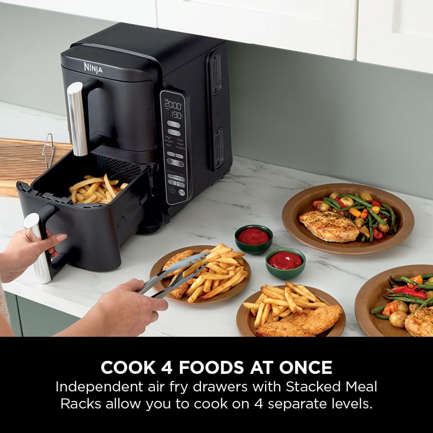 Ninja Double Stack XL Air Fryer, Vertical Dual Drawer Air Fryer with 4 cooking levels, 2 Drawers & 2 Racks, Space Saving Design, 9.5L Capacity, 6 Functions, 8 Portions, Tongs, Black/Copper SL400UKCP