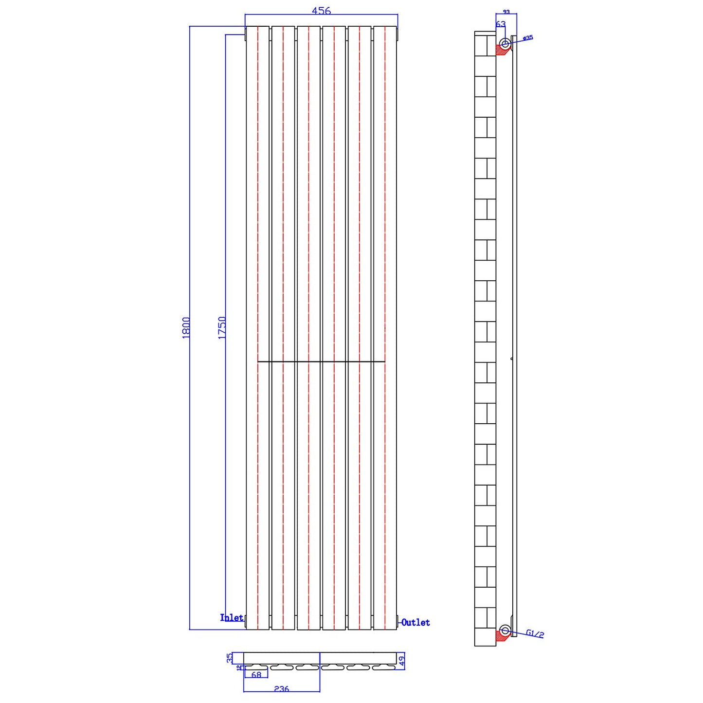 ELEGANT Radiators Vertical White Tall Single Bathroom Kitchen Designer Radiator Flat Panel 1800 x 452 mm