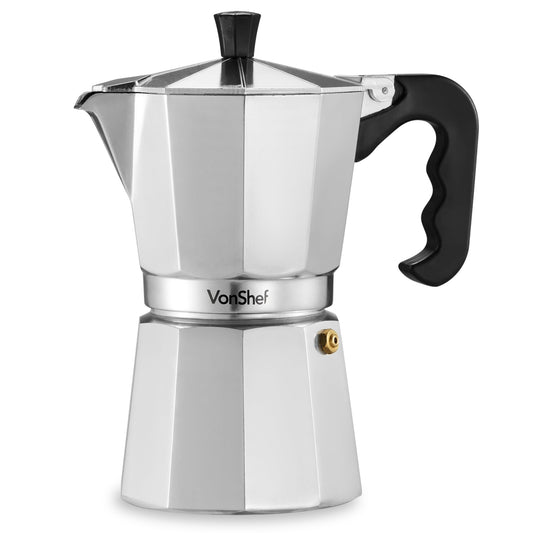 VonShef Stovetop Coffee Maker, 9 Cup Aluminium Italian Espresso Maker, 450ml Gas & Electric Stove Top Moka Pot with Replacement Gasket & Filter